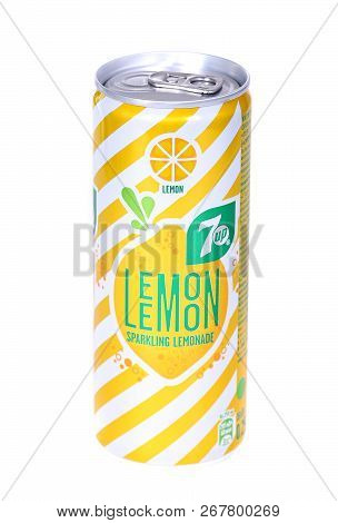 Novyy Urengoy, Russia - November 7, 2018: Aluminium Can Of The 7up Lemon Isolated Over White Backgro