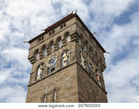 Editorial Cardiff, Uk - September 2, 2018: Cardiff Castle Clock Tower, A Medieval Castle And Tourist