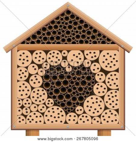 Insect Hotel With Heart. Symbol For Loving Insects And Bugs. Wooden House With Roof. Isolated Vector