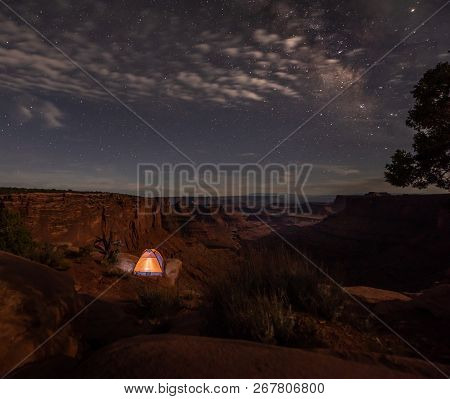 Camping Under The Stars Small Tent On The Edge Of The Canyon Milky Way East Fork Shafer Canyon Near 