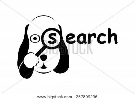 Search Dog Logo In Black And White Colors. The Dog Detective Holds A Magnifying Glass In His Hand.