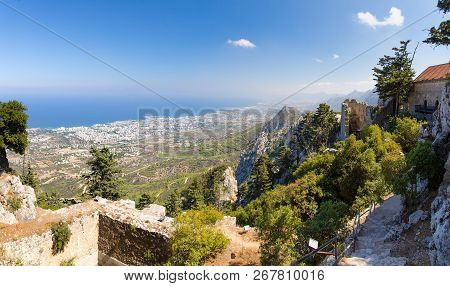 View Of Kyrenia Girne Mountains And Town From Medieval Saint Hilarion Castle In Front Of Blue Sky Wi