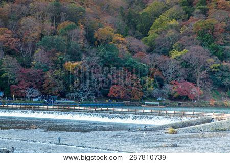 Area Of Togetsukyo Bridge In Arashiyama, Kyoto Prefecture, Japan During Koyo Vibrant Autumn Foliage 