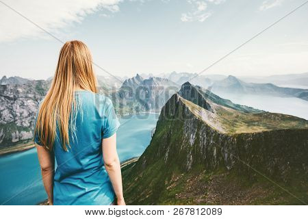 Woman Traveling Alone Active Healthy Lifestyle Hiking In Mountains Adventure Summer Vacations In Nor
