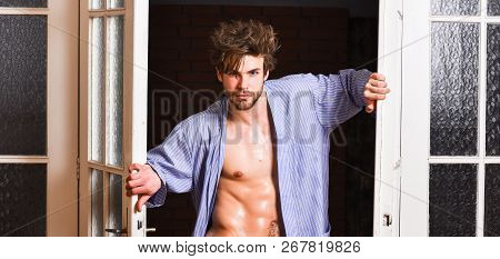 Guy Attractive Lover Posing Seductive. Sexy Attractive Macho Tousled Hair Coming Out Through Bedroom