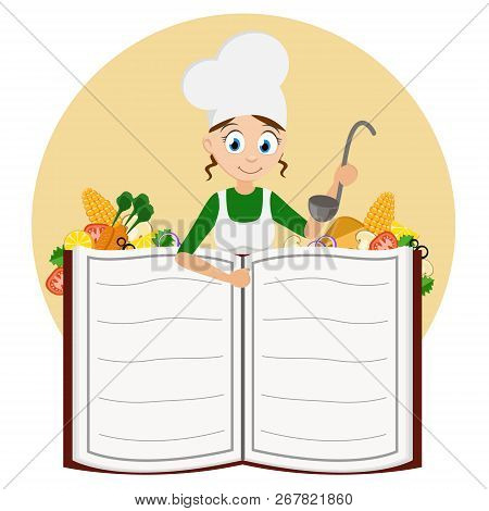 Cook Girl With A Ladle In Her Hands Peeking Out From Behind A Book.