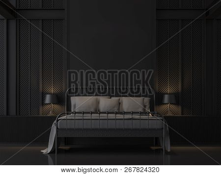 Black Bedroom With Industrial Loft Style 3d Render.there Are Black Floors, Decorate Wall With Patter