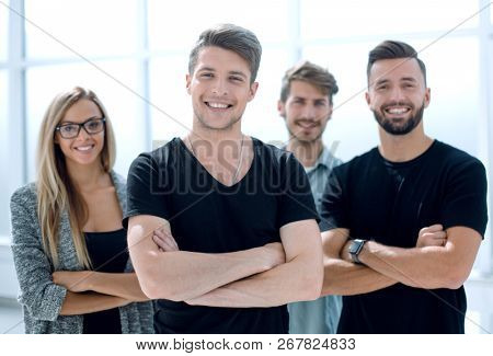 Portrait of confident peoples with colleagues in meeting at offi