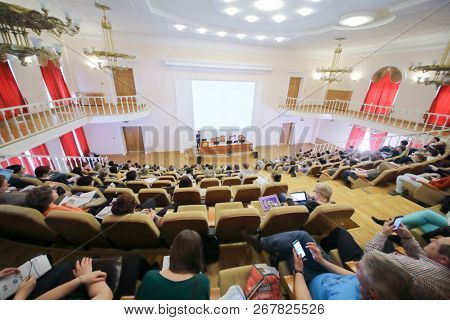 MOSCOW - APR 17, 2018: Listeners are in hall at Epilepsy and paroxysmal states conference in MONIKI named after Vladimirsky
