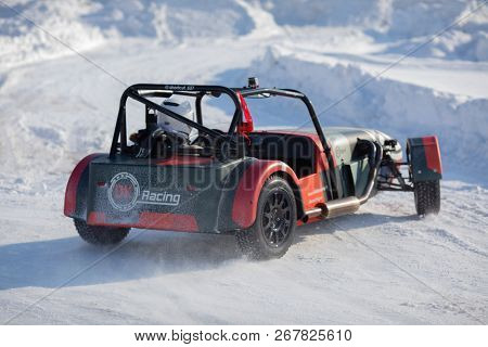MOSCOW - MAR 2, 2018: First Russian serial racing car Shortcut moves at track, developed by 527 design office in DK Racing Company