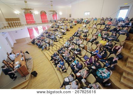 MOSCOW - APR 17, 2018: People are in hall at Epilepsy and paroxysmal states conference in MONIKI named after Vladimirsky