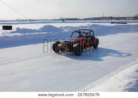 MOSCOW - MAR 2, 2018: First Russian serial racing car Shortcut, developed by 527 design office at track of DK Racing Company 