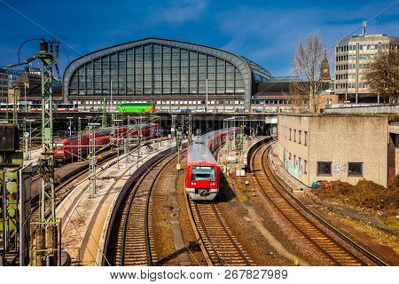 Hamburg, Germany - March, 2018: Red Train At The Hamburg Railway Central Station