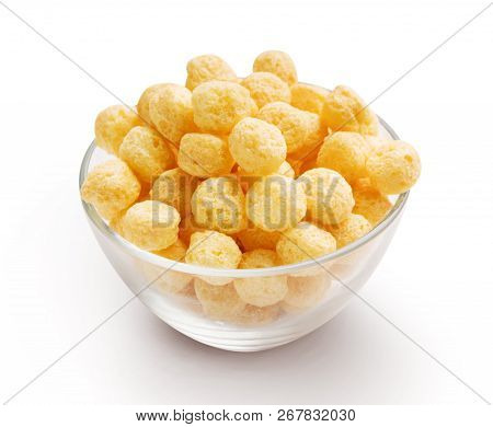 Glass Bowl With Vanilla Cereal Balls Isolated On White Background