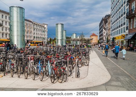 Copenhagen, Denmark - August 28, 2016: Rows Of Bicycles At Norreport In Copenhagen