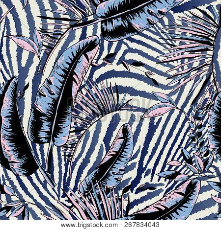 Vector Seamless Pattern Of Tropical Leaves, Exotic Natura Backgr
