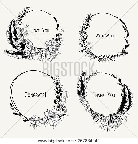 Vector Monochrome Set Of Tropical Wreaths, Exotic Vintage Bloomi