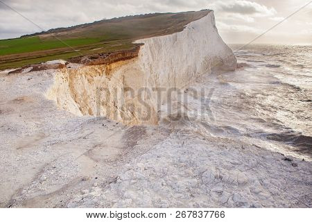Seaford Head Walk On Top Of The Cliffs, East Sussex, England. View Of The Cliffs And Sea, To The Eas