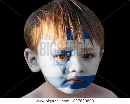 Little Boy With Painted Flag Of Israel Isolated On Black Background
