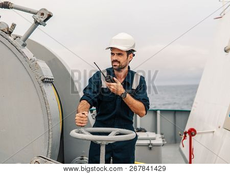 Marine Deck Officer Or Chief Mate On Deck Of Vessel Or Ship