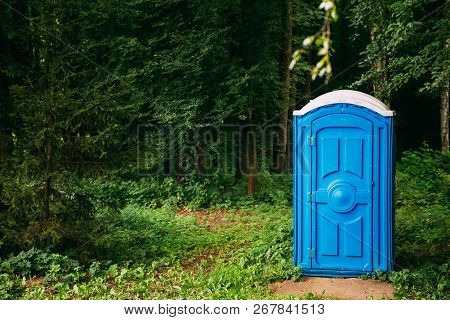 Cabin Of Chemical Toilet In Green Summer Forest.