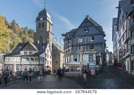 Monschau, Germany, October 2018 - Picturesque Buildings In The Market Square In The Historic Center 