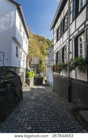 Monschau, Germany, October 2018 - Picturesque Timber Framed Buildings In The Historic Center Of Mons