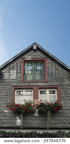 View Looking Up At The Facade Of An Old House In Monschau, Aachen, Germany