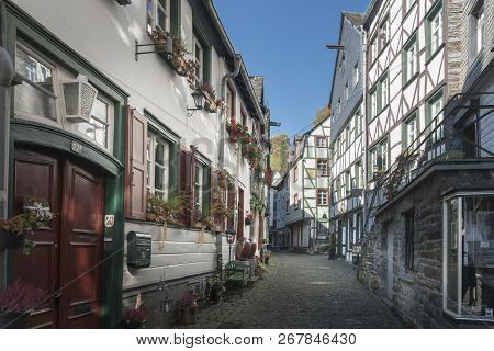 Monschau, Germany, October 2018 - Picturesque Timber Framed Houses In The Historic Center Of Monscha