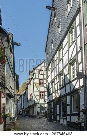 Monschau, Germany, October 2018 - Picturesque Timber Framed Houses In The Historic Center Of Monscha