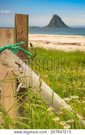 Seascape, Sea Coast With Sandy Beach And Island Bleiksoya In The Distance, Resort Bleik Andoya Norwa