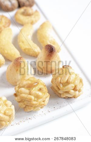 Panellets Selective Focus - Typical Catalan Marzipan Dessert For All Saints Day Called Castanyada, C