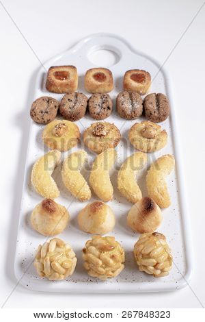 Panellets - Typical Catalan Marzipan Dessert For All Saints Day Called Castanyada, Copy Space, White