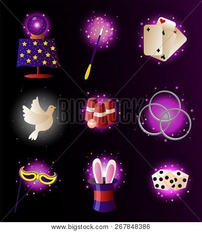Large Set Of Magic Items, Magic Cards, A Rabbit In A Hat, A Magic Wand, A Magic Ball And Cubes.