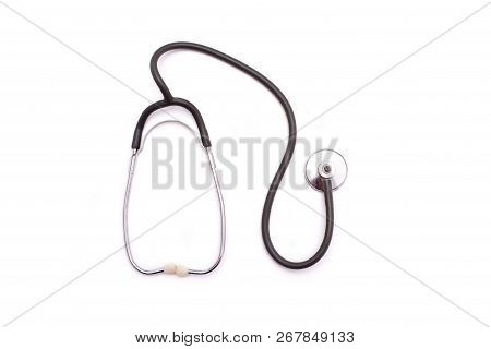 Black Stethophonendoscope With Metal Tip For Hearing Breathing In Lungs Isolated On White Background