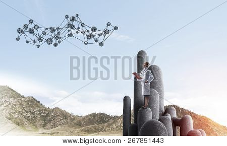 Young Female Doctor With Folder In Hands Satnding On Stone Column. 3d Rendering
