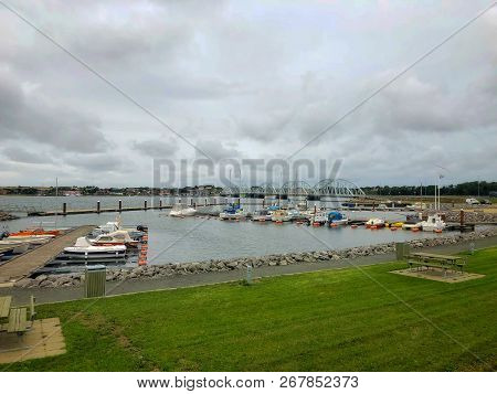 Vilsund, Denmark - August 15,2018: Vilsund Bridge Is A Bascule Arch Bridge That Crosses Vilsund Betw