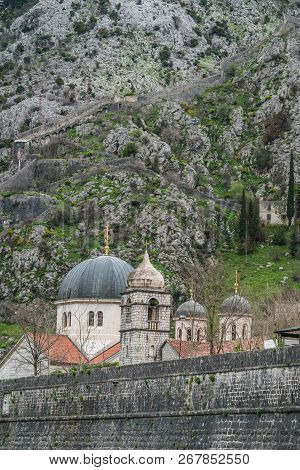 St. Nicholas Church Dome And The Massive Walls Of The Fortification Bastion Riva By The River Shkurd