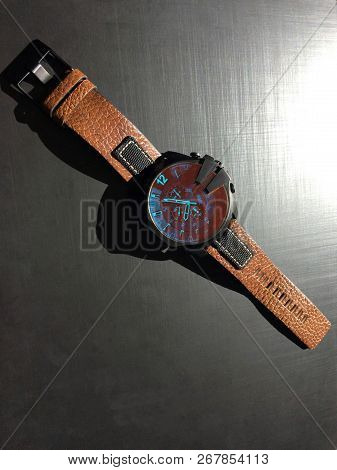 Wrist Watch With Leather Strap On A Dark Background, Watch On A Dark Background, Dial, Clock Hands, 