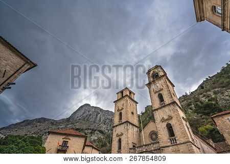 Impressive Cathedral Of St Tryphon In The Old Town In Kotor After Sunset, Montenegro