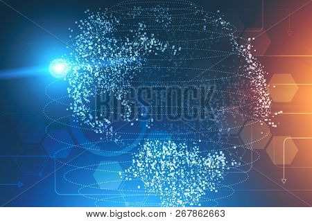 Polygonal Earth Over Blue And Red Background With Immersive Interface Elements. Concept Of Hi Tech A