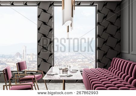Corner Of Modern Restaurant With White Geometric Pattern And White Walls, Wooden Floor, Loft Window 