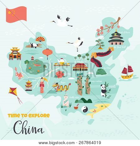 Chinese Cartoon Vector Map With Famous Destinations, Animals, Landmarks, Symbols, Elements