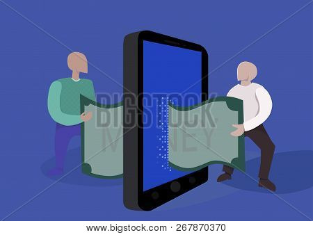 Money Transfer Online. Concept Illustration. Two People Pass Each Other A Bill Using Smartphone. E-c