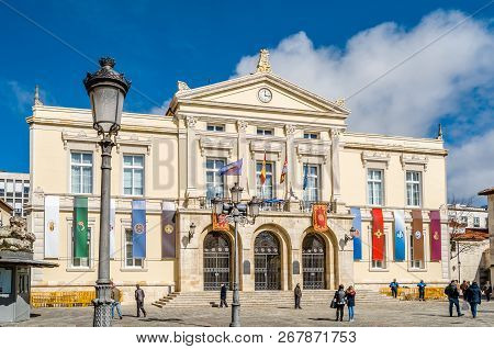 Palencia, Spain - March 27, 2016: View Of The Palencia City Hall Facade Decorated During Holy Week,