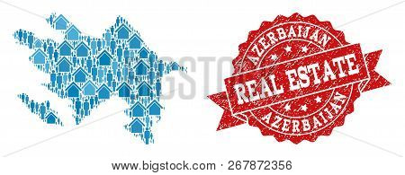 Real Estate Combination Of Blue Mosaic Map Of Azerbaijan And Textured Seal Stamp. Vector Red Imprint