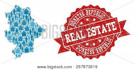 Real Estate Collage Of Blue Mosaic Map Of Donetsk Republic And Unclean Seal Stamp. Vector Red Seal W