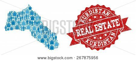 Real Estate Combination Of Blue Mosaic Map Of Kurdistan And Unclean Stamp. Vector Red Imprint With U