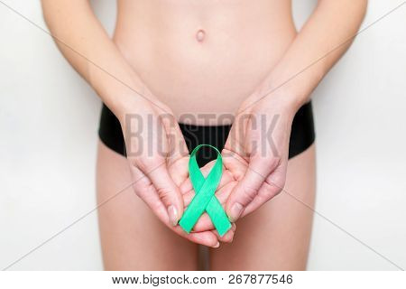 Woman Wearing Underwear With Teal Ribbon Ovarian Cancer Awareness