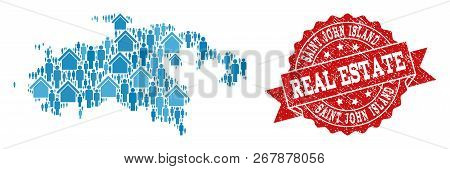 Real Estate Collage Of Blue Mosaic Map Of Saint John Island And Unclean Seal. Vector Red Seal With U